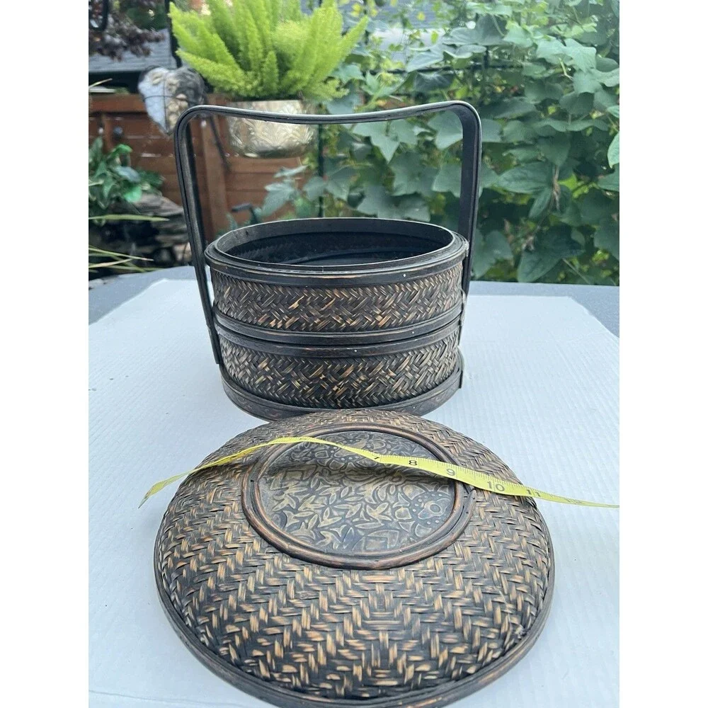 1900 Chinese 2-Tier Woven Bamboo Wedding Basket Metal Floral Medallion